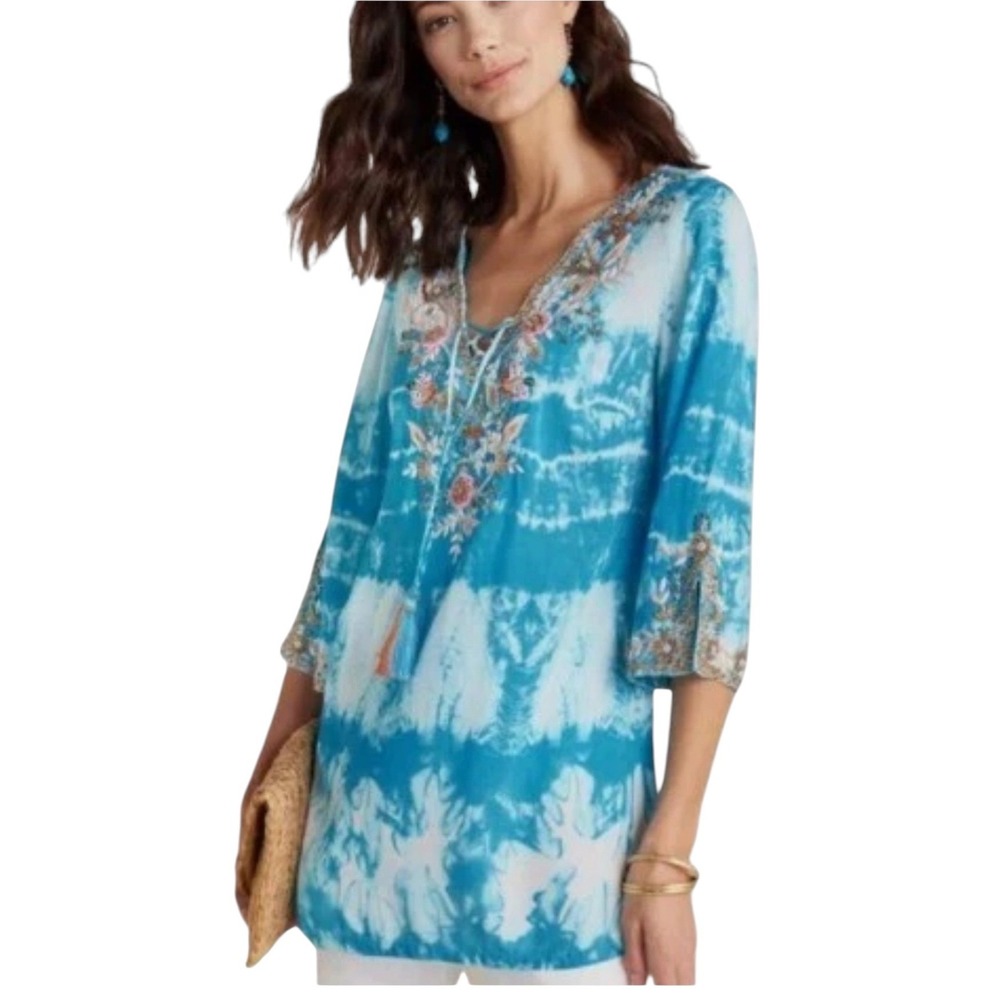 Soft Surroundings Beverly Tunic Blue Tie Dye Embroidered Tassel Boho Top Size M